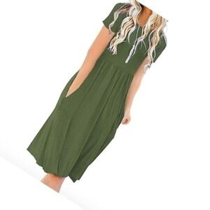 DB MOON Women's Olive Green‎ Casual Short Sleeve Midi Dress With Pockets XL